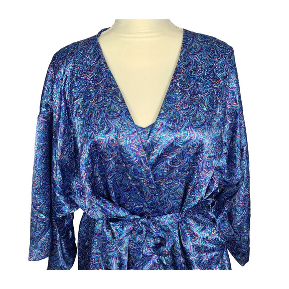 VTG Henson Kickernick Satin Robe Tank Shorts Large Blue Peacock Pajamas Lounge - Picture 3 of 16